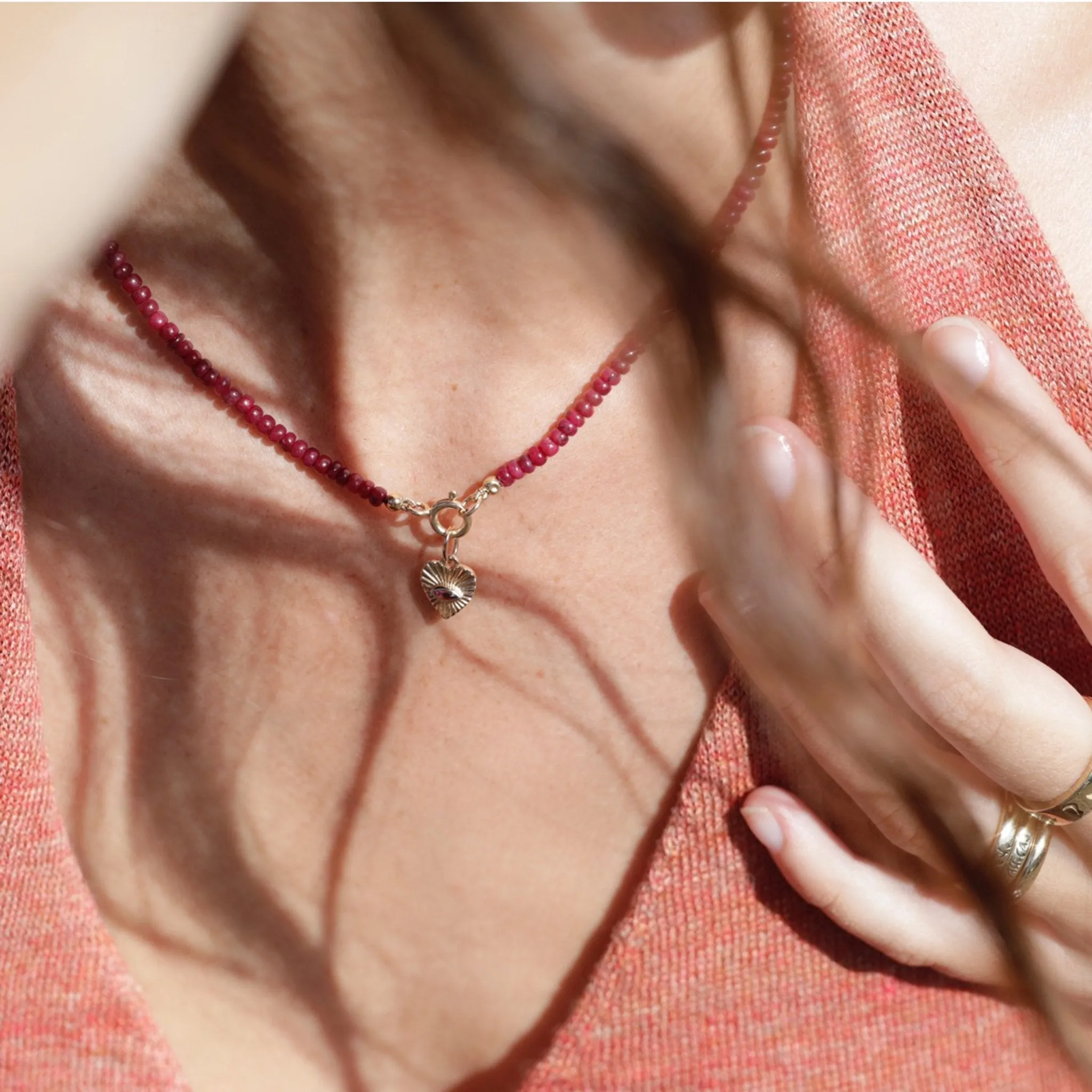 10K Gold Mini Textured Heart Pendant with Pink Tourmaline