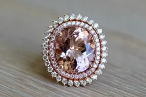 13x11mm Oval Morganite 14k Rose Gold Diamond Double Halo