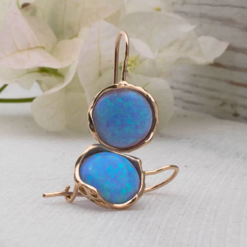 14K Rose Gold Round Blue Opal 12mm Dangle Earrings