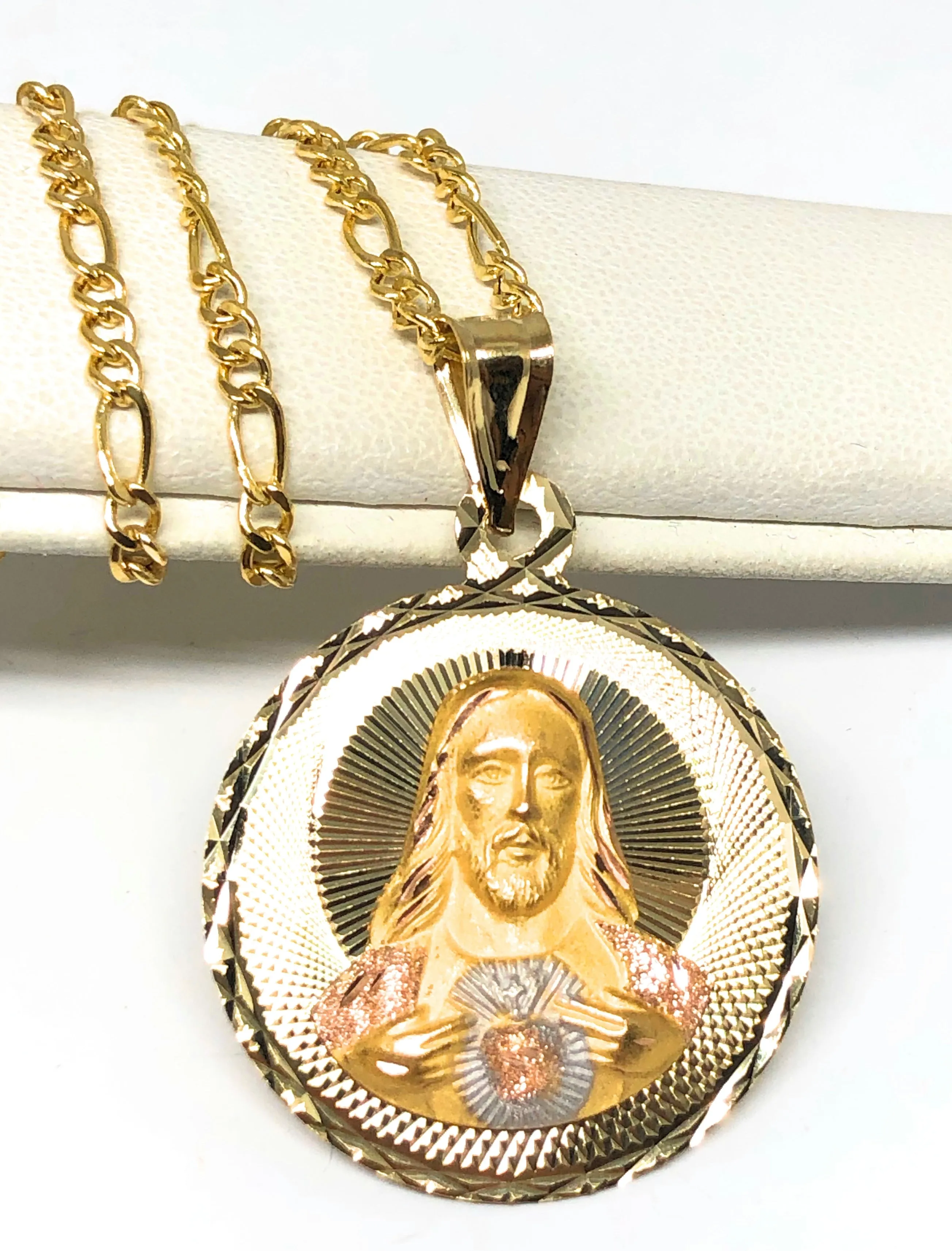 14k Solid Gold Yellow Gold Jesus Sagrado Corazon & Virrgin Mary Double Sided Pendant Necklace (LARGE)