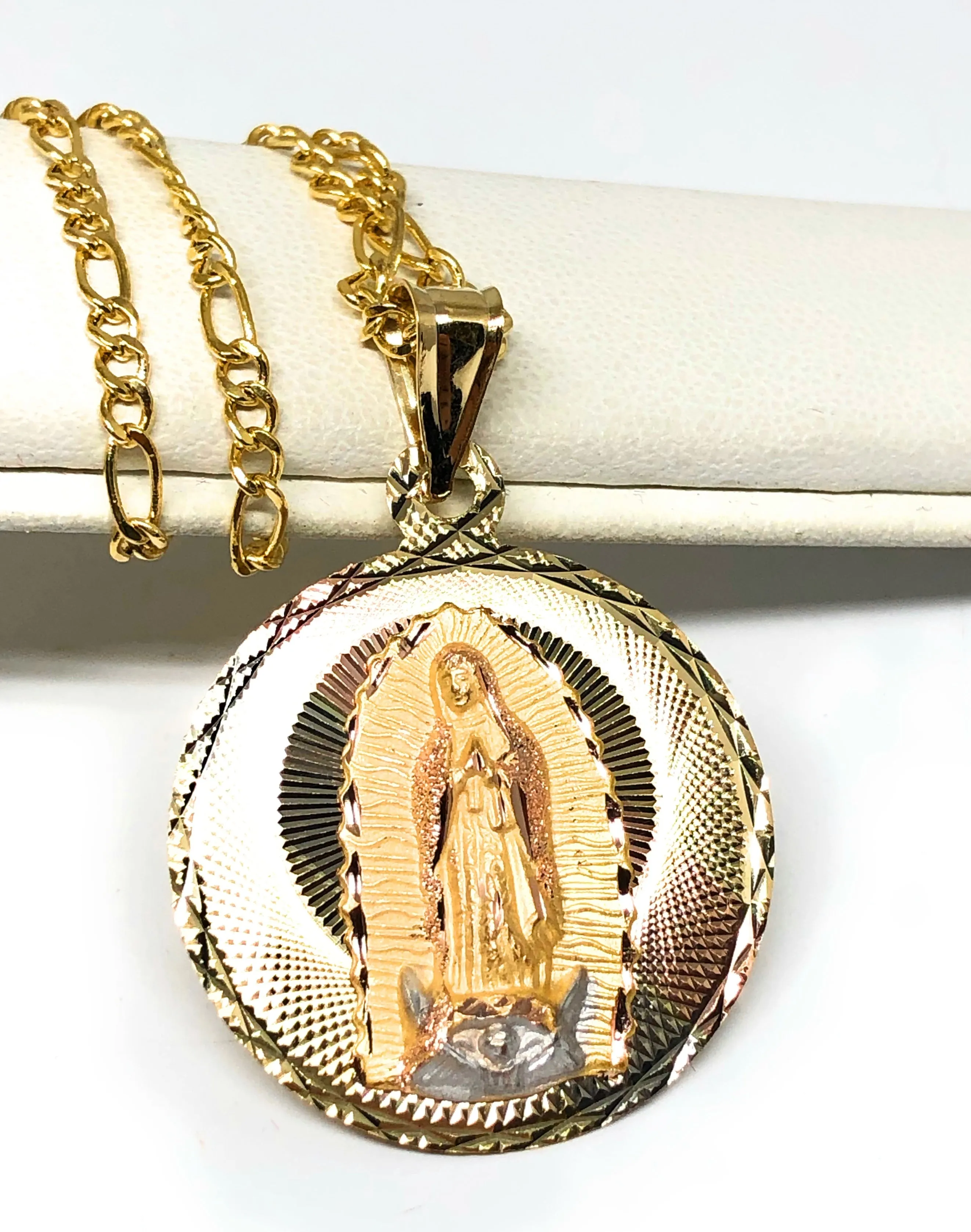 14k Solid Gold Yellow Gold Jesus Sagrado Corazon & Virrgin Mary Double Sided Pendant Necklace (LARGE)