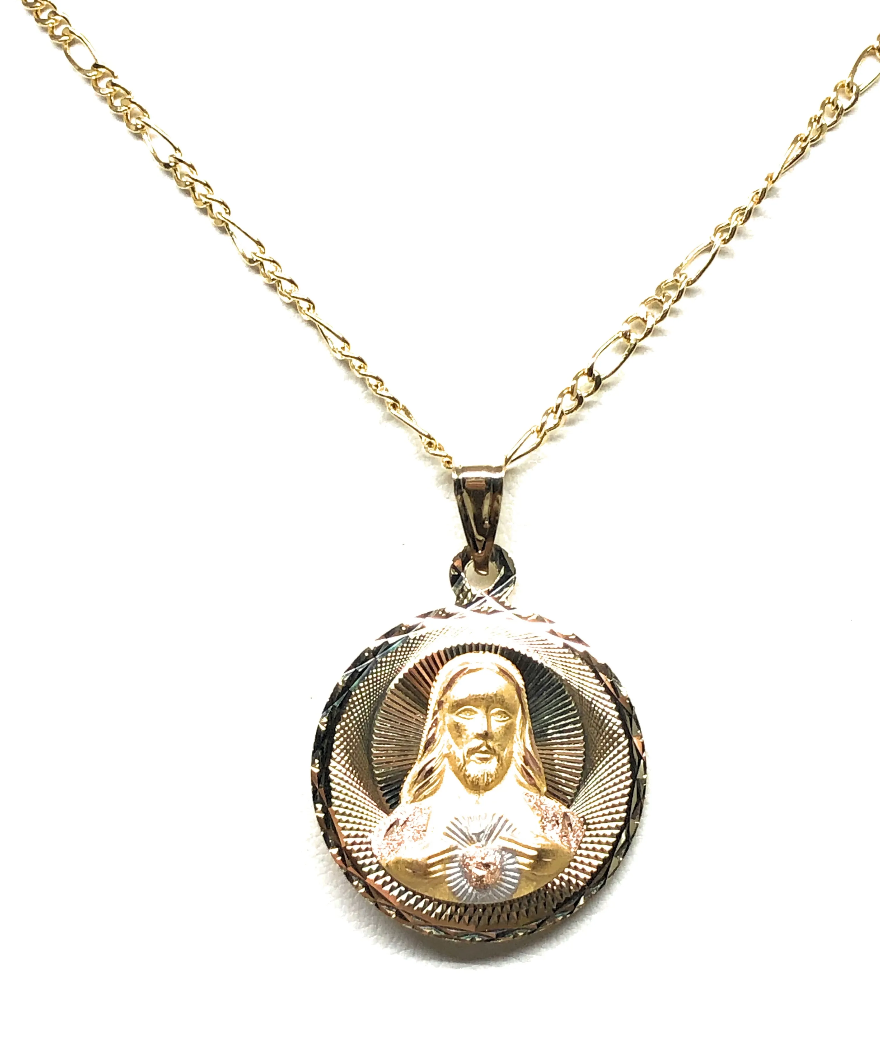 14k Solid Gold Yellow Gold Jesus Sagrado Corazon & Virrgin Mary Double Sided Pendant Necklace (LARGE)