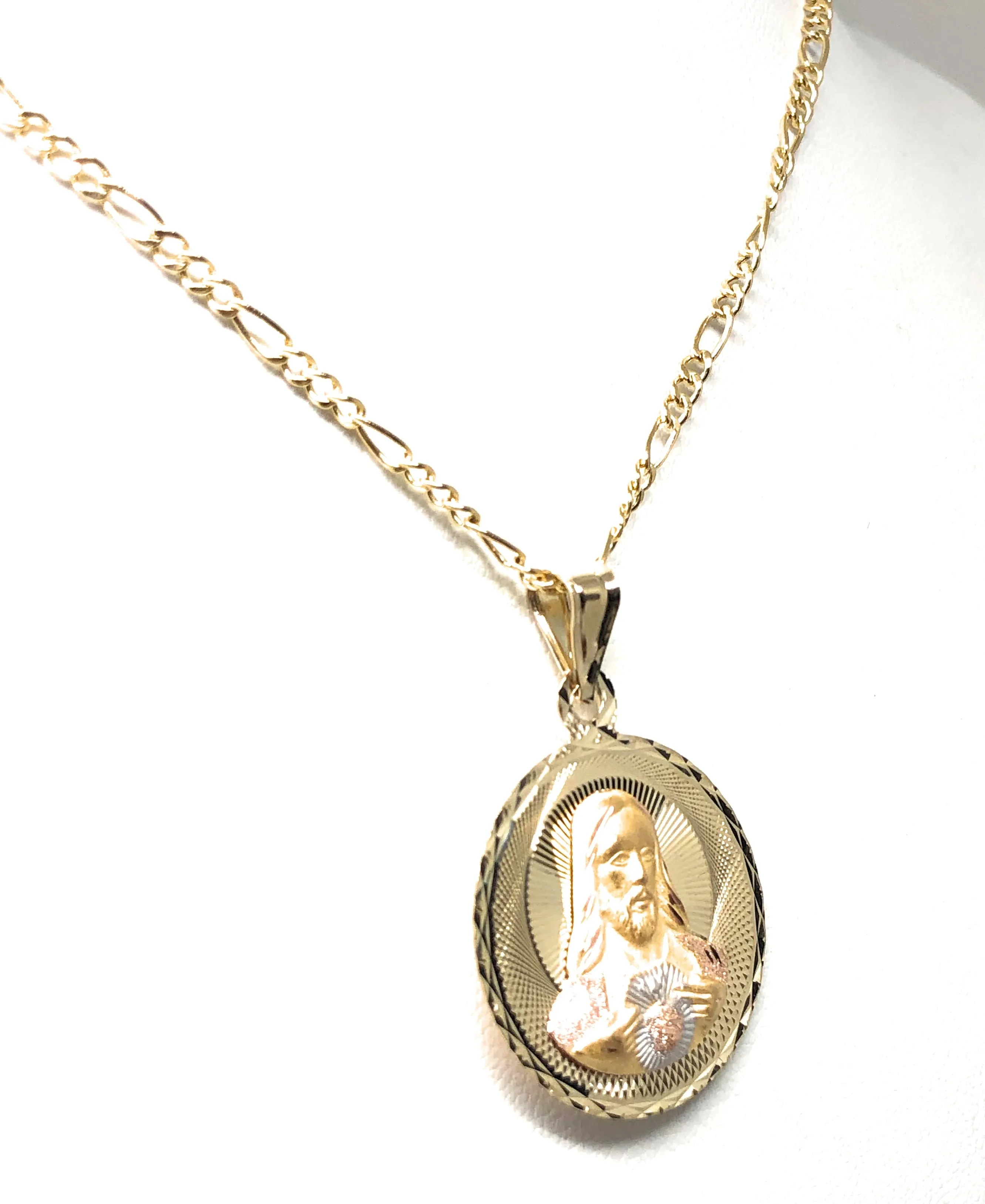 14k Solid Gold Yellow Gold Jesus Sagrado Corazon & Virrgin Mary Double Sided Pendant Necklace (LARGE)