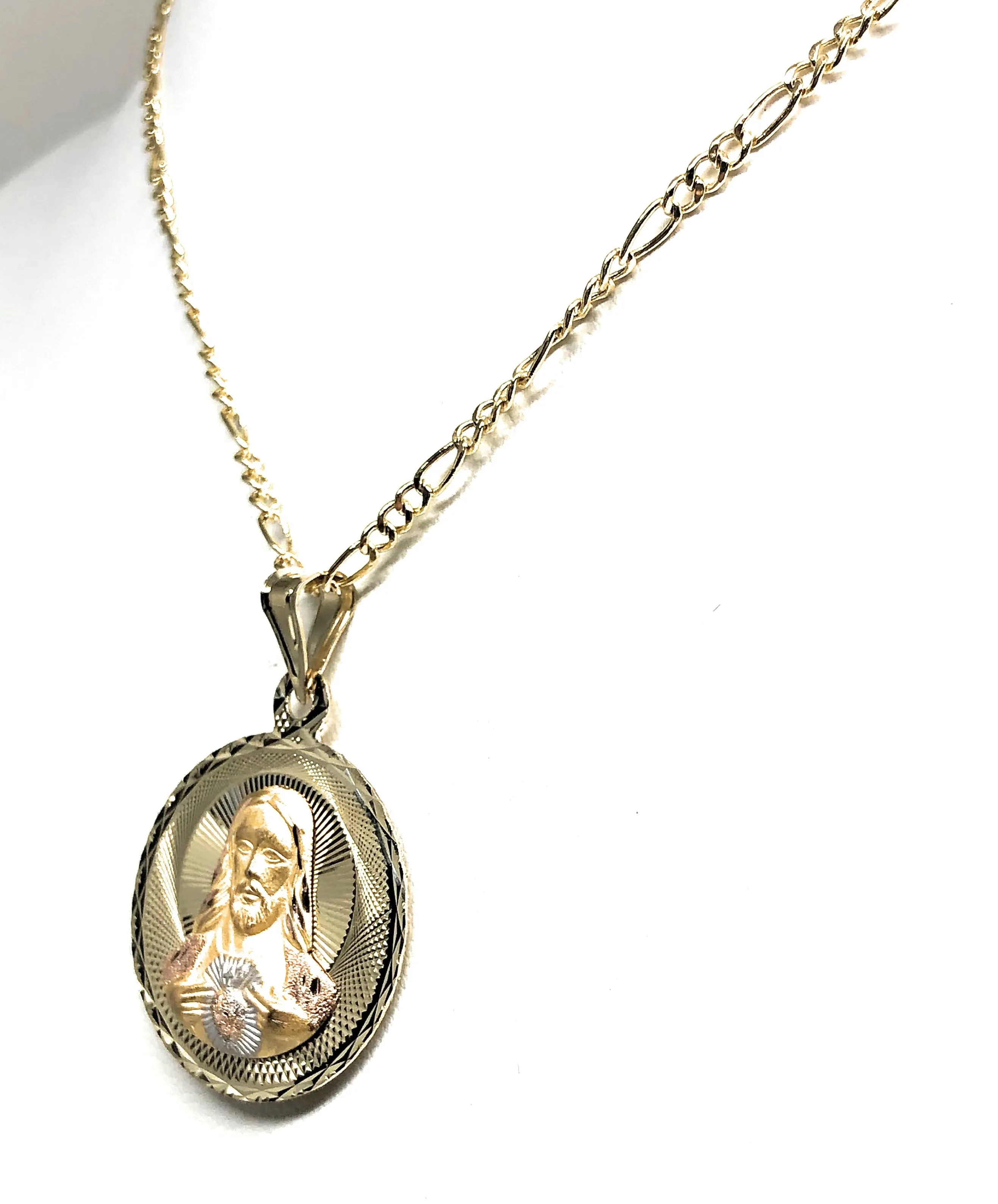 14k Solid Gold Yellow Gold Jesus Sagrado Corazon & Virrgin Mary Double Sided Pendant Necklace (LARGE)