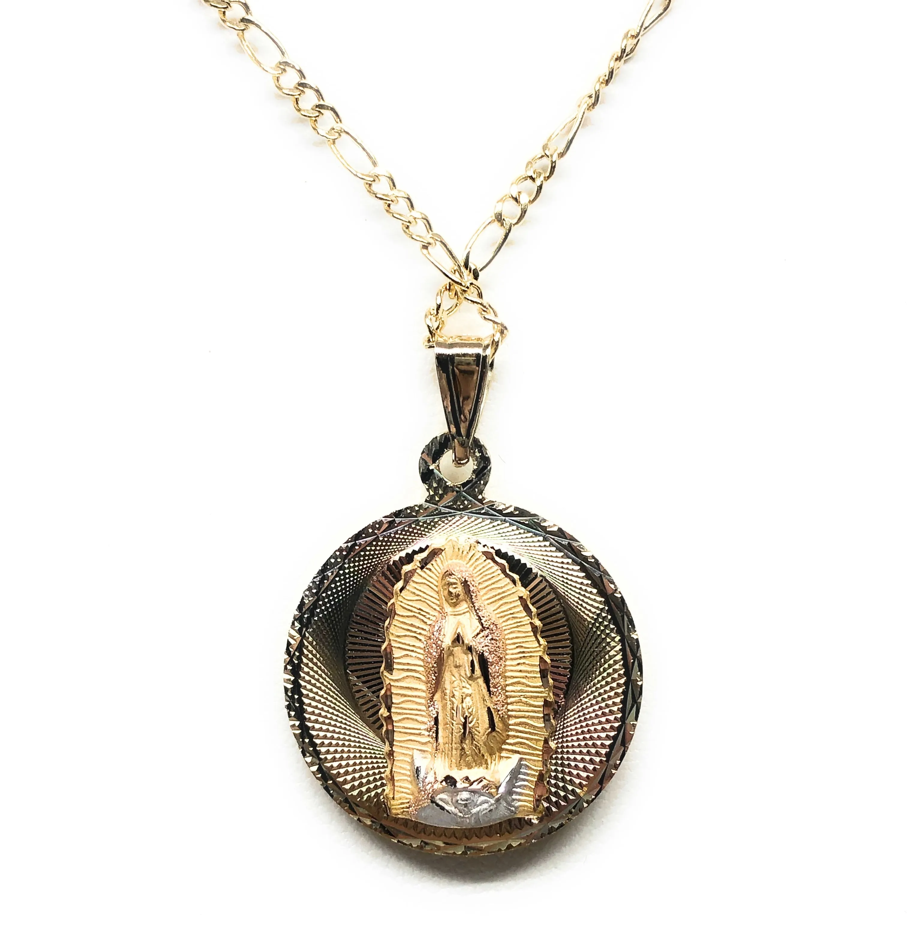 14k Solid Gold Yellow Gold Jesus Sagrado Corazon & Virrgin Mary Double Sided Pendant Necklace (LARGE)