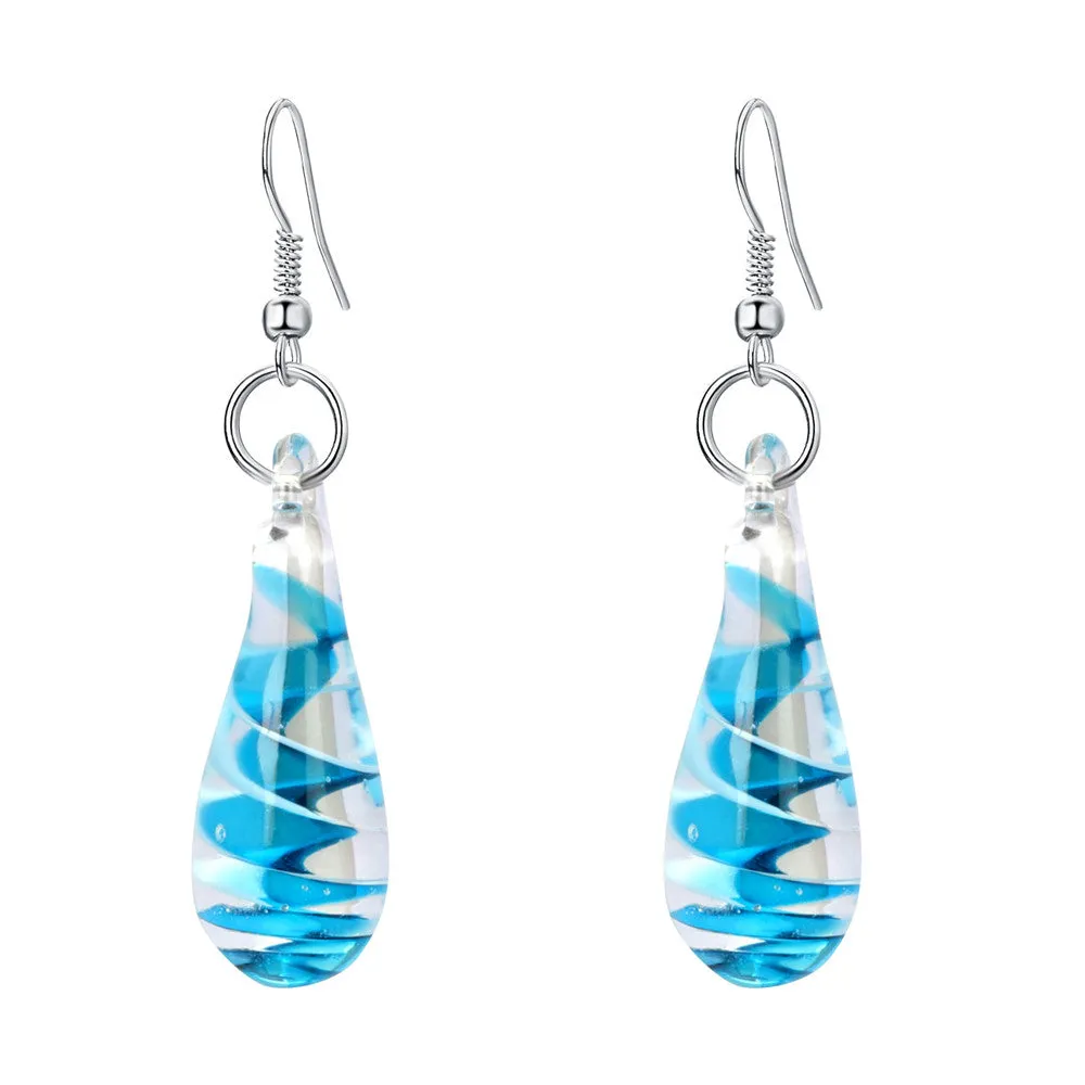 14K White Gold Murrano Glass Blue Drop Earrings