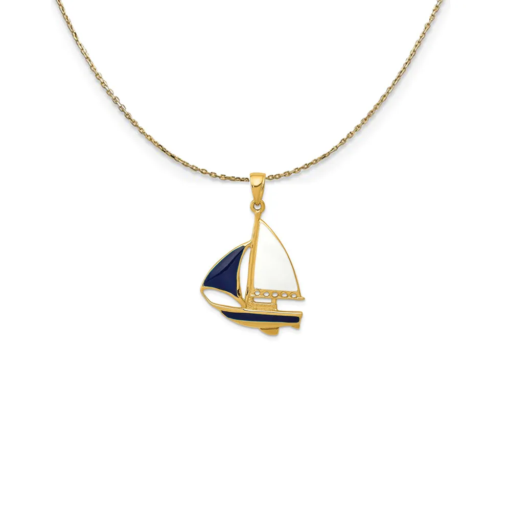 14k Yellow Gold, Blue and White Enameled 2D Sailboat Necklace