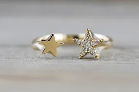 14k Yellow Gold Solid Double Diamond Star Open Ring Band