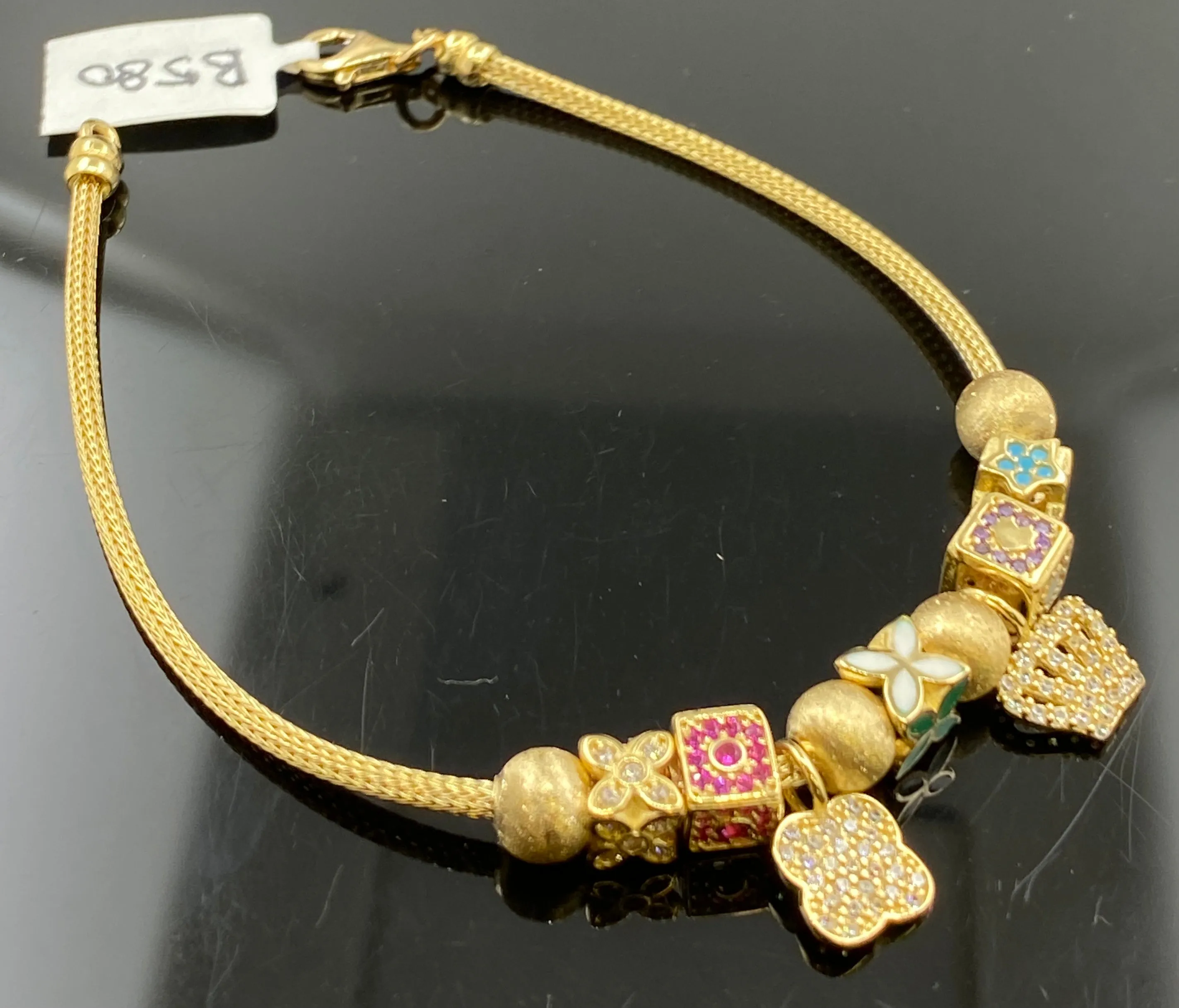 18K Bracelet Solid Gold Ladies Designer Dangling Charms with Stones B580