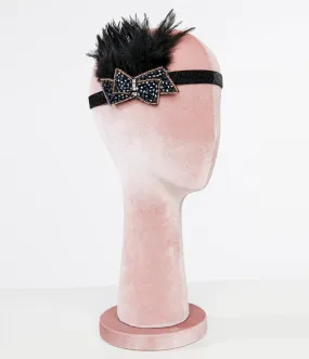 1920s Black Beaded Feather Flapper Headband