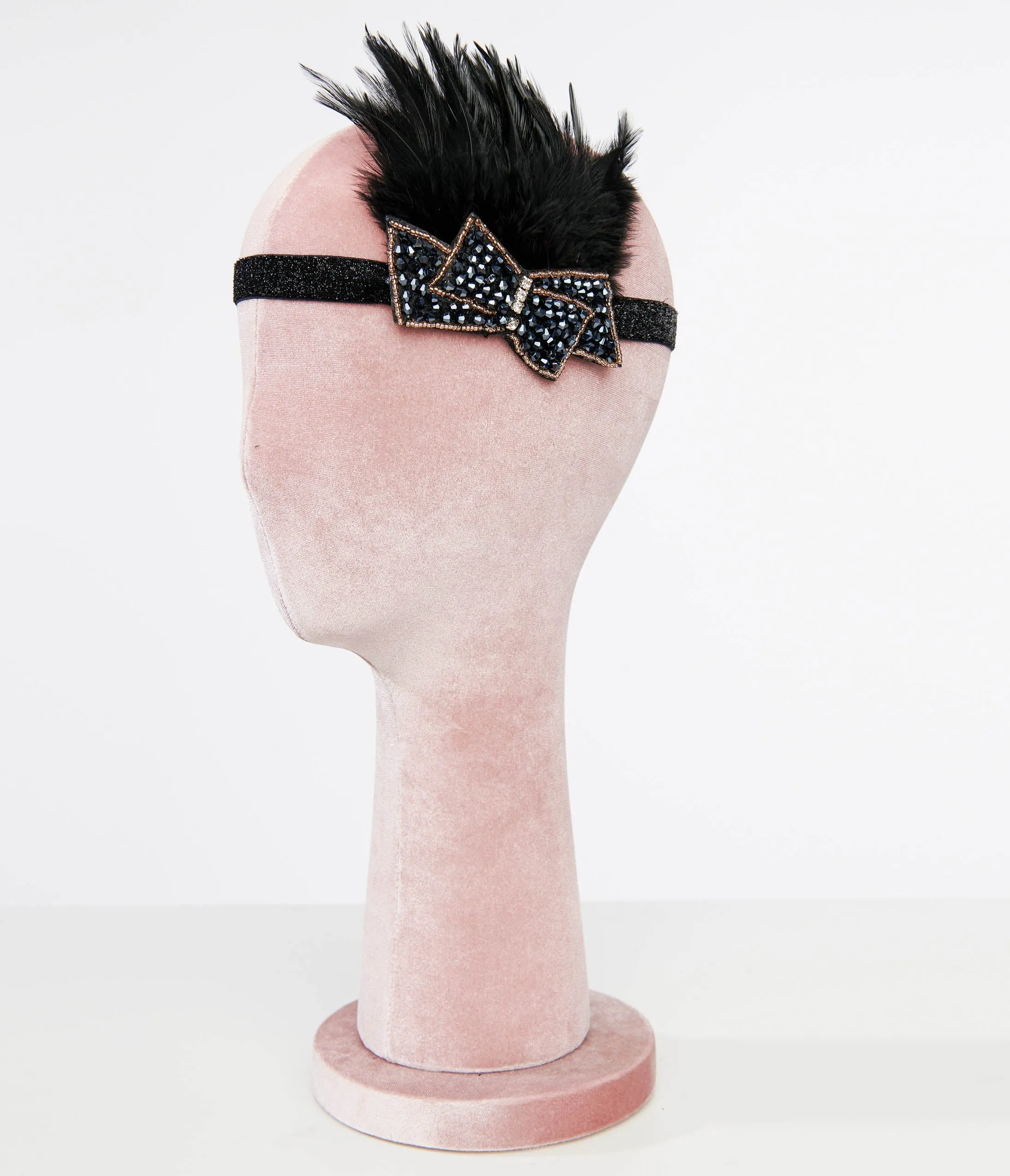 1920s Black Beaded Feather Flapper Headband