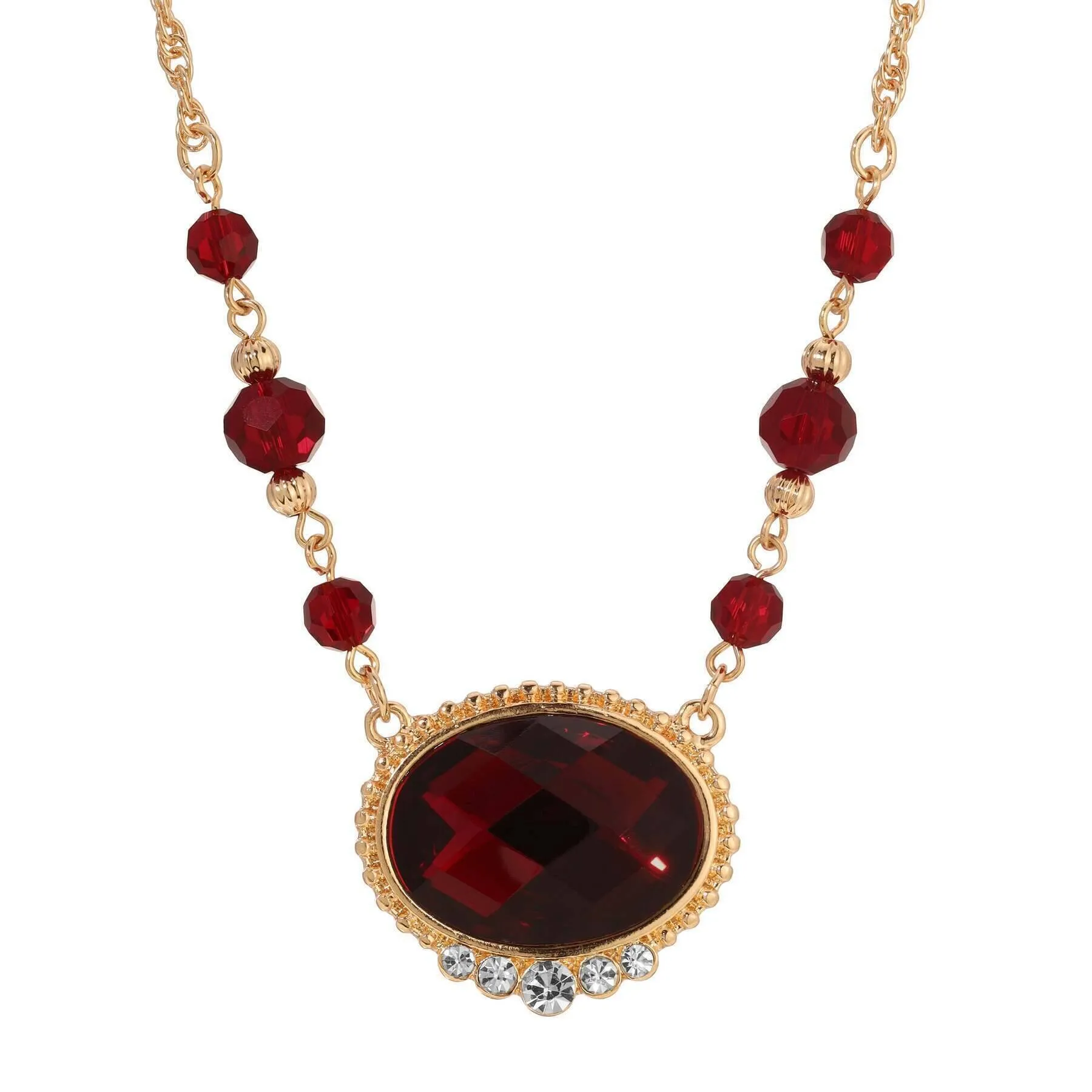 1928 Jewelry Radiant Siam Red Oval Stone & Glass Crystal Pendant Necklace 16 + 3 Extender