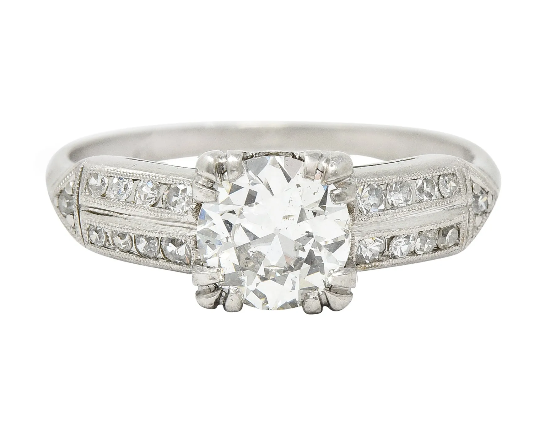 1950's Mid-Century 1.37 CTW Diamond Platinum Pointed Shoulder Vintage Engagement Ring GIA