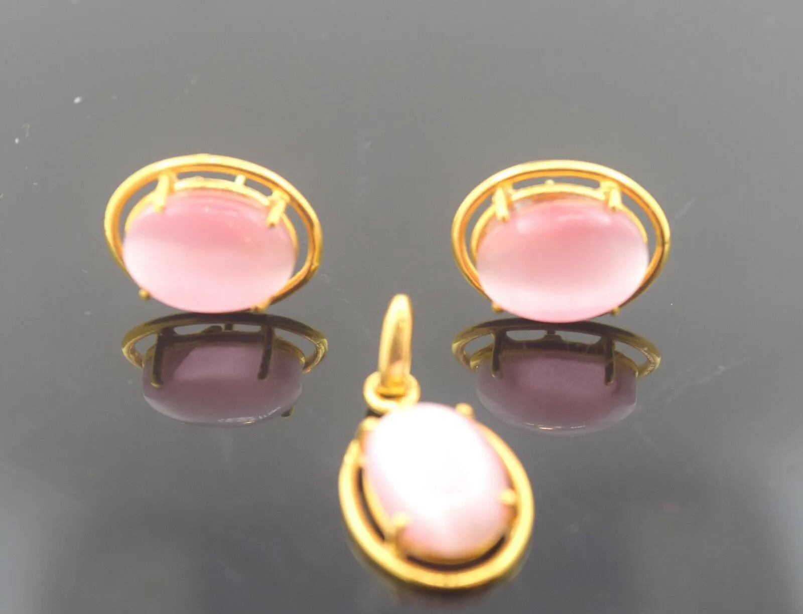 22k Solid Gold ELEGANT PINK STONE Pendant Set Modern Design S19