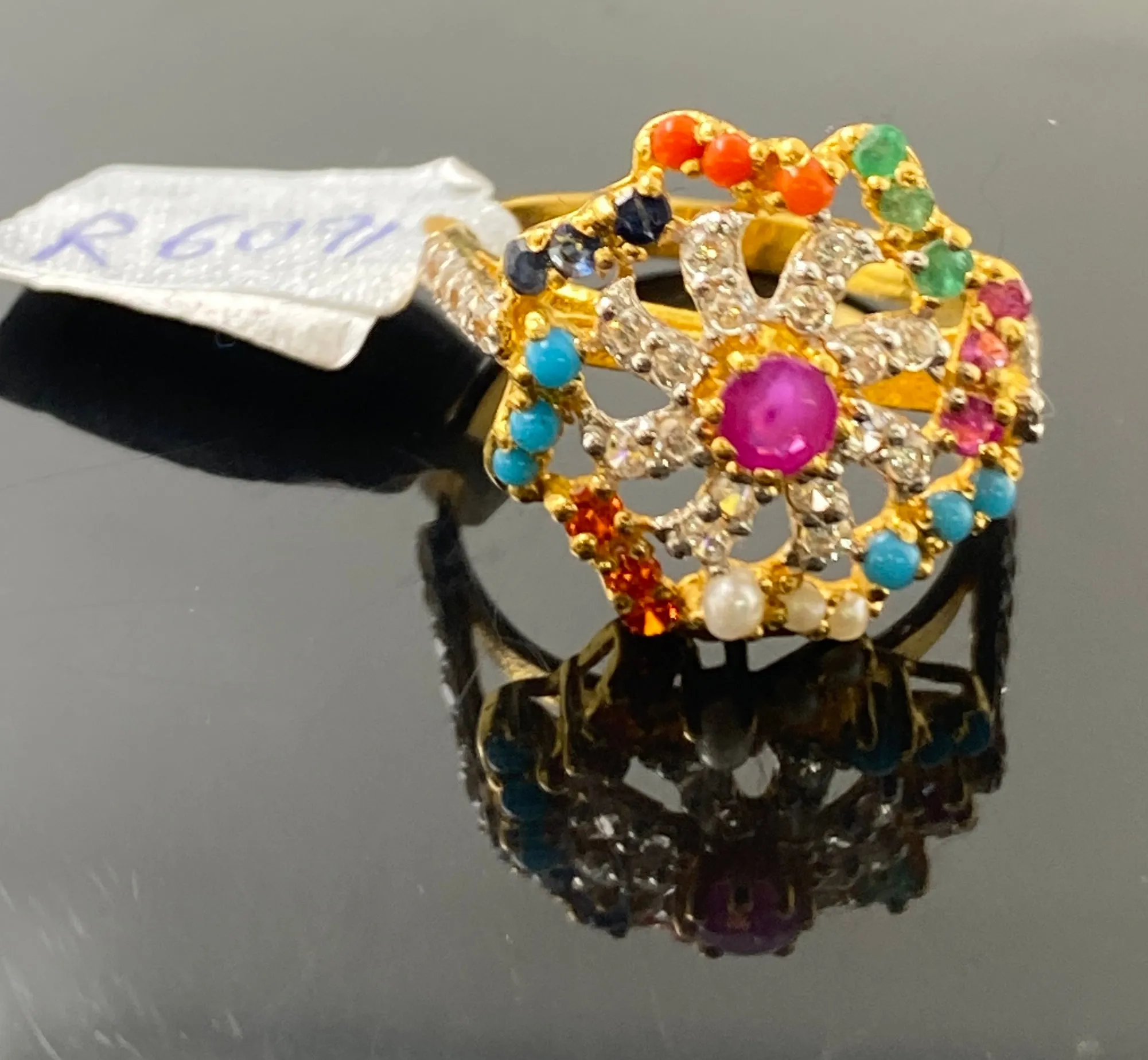 22k Solid Gold Ladies Designer Multicolor Zircon Ring R6091