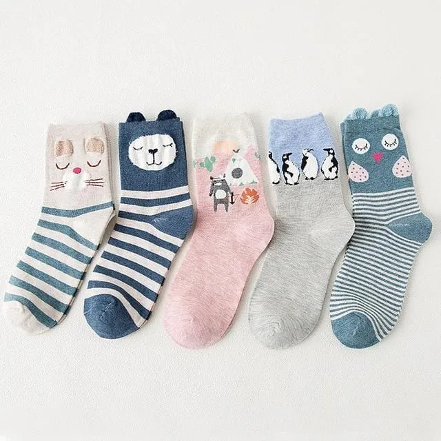 5Pairs 2019 New Autumn Women Cotton Socks In tube Animal Ear Cute Socks Fox Bear Soft Cartoon Socks Girl