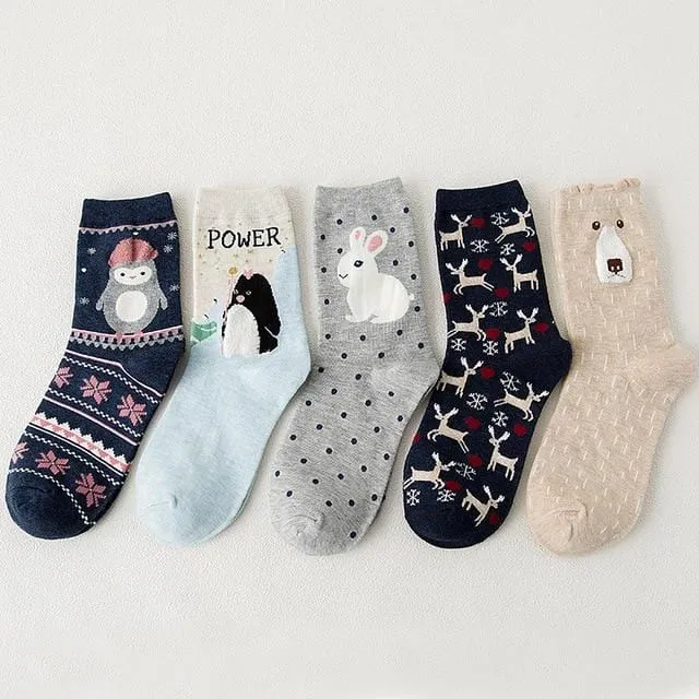 5Pairs 2019 New Autumn Women Cotton Socks In tube Animal Ear Cute Socks Fox Bear Soft Cartoon Socks Girl