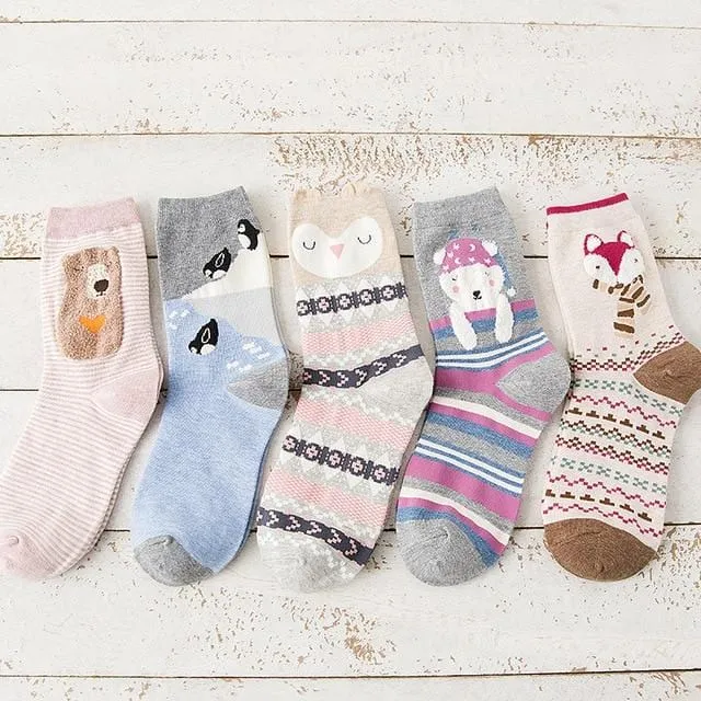 5Pairs 2019 New Autumn Women Cotton Socks In tube Animal Ear Cute Socks Fox Bear Soft Cartoon Socks Girl