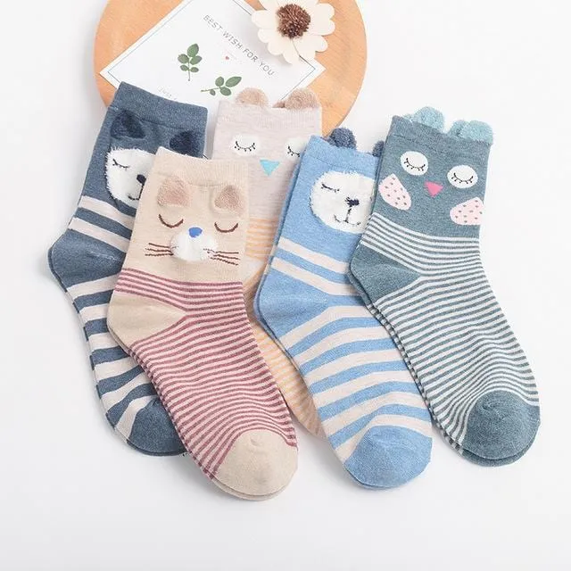 5Pairs 2019 New Autumn Women Cotton Socks In tube Animal Ear Cute Socks Fox Bear Soft Cartoon Socks Girl