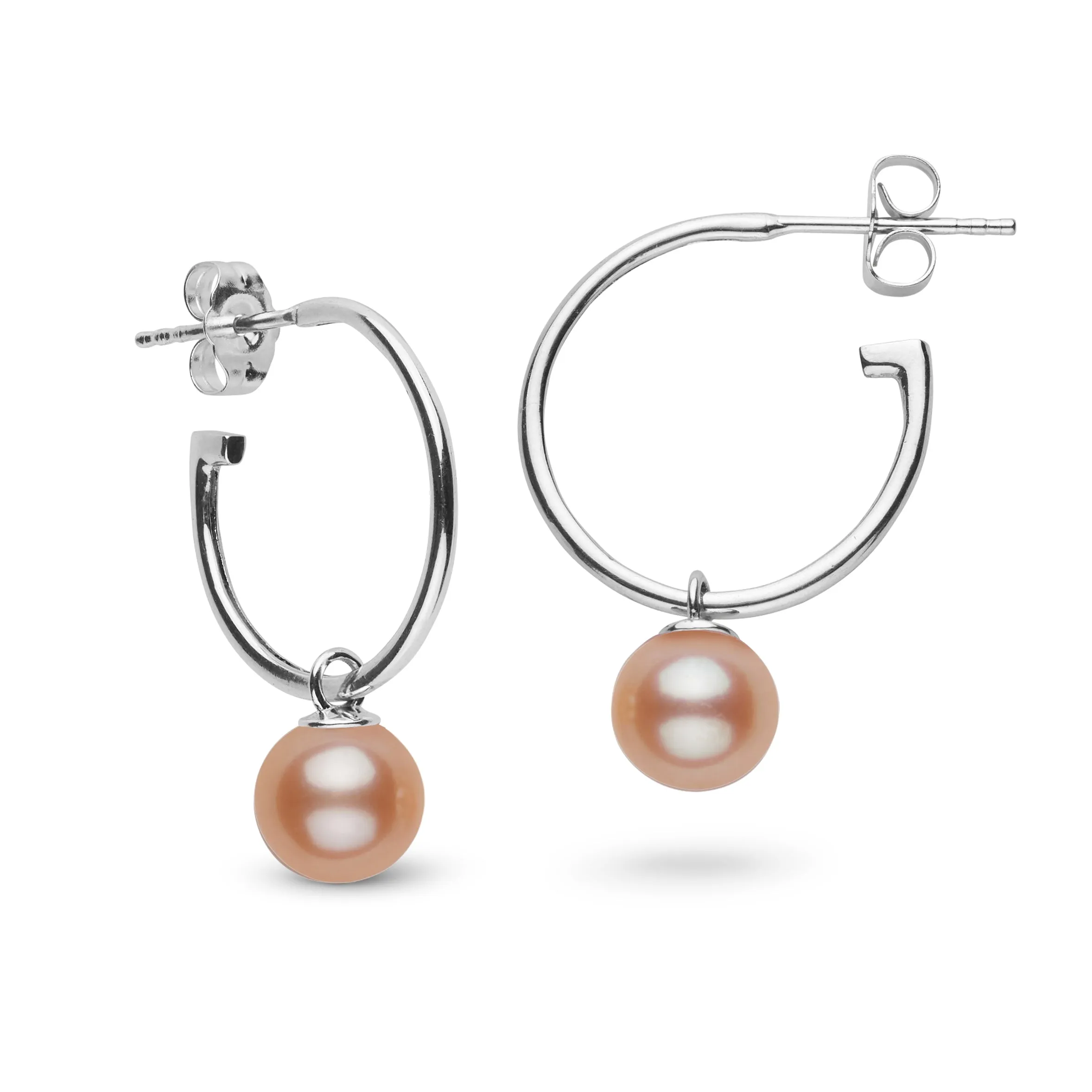 7.5-8.0 mm AAA Pink to Peach Freshwater Pearl Charm Hoop Earrings