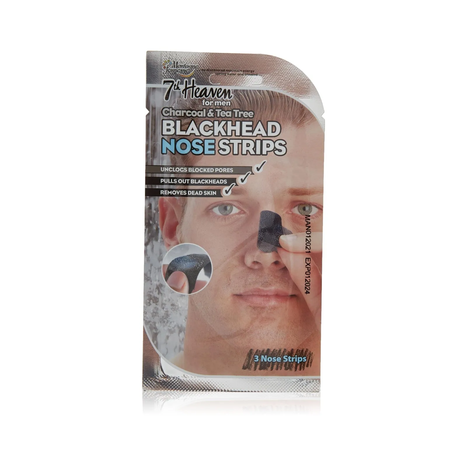 7th Heaven Men's Charcoal and Tea Tree Nose Strips for Unclogging Pores and Removing Blackheads 3 Count