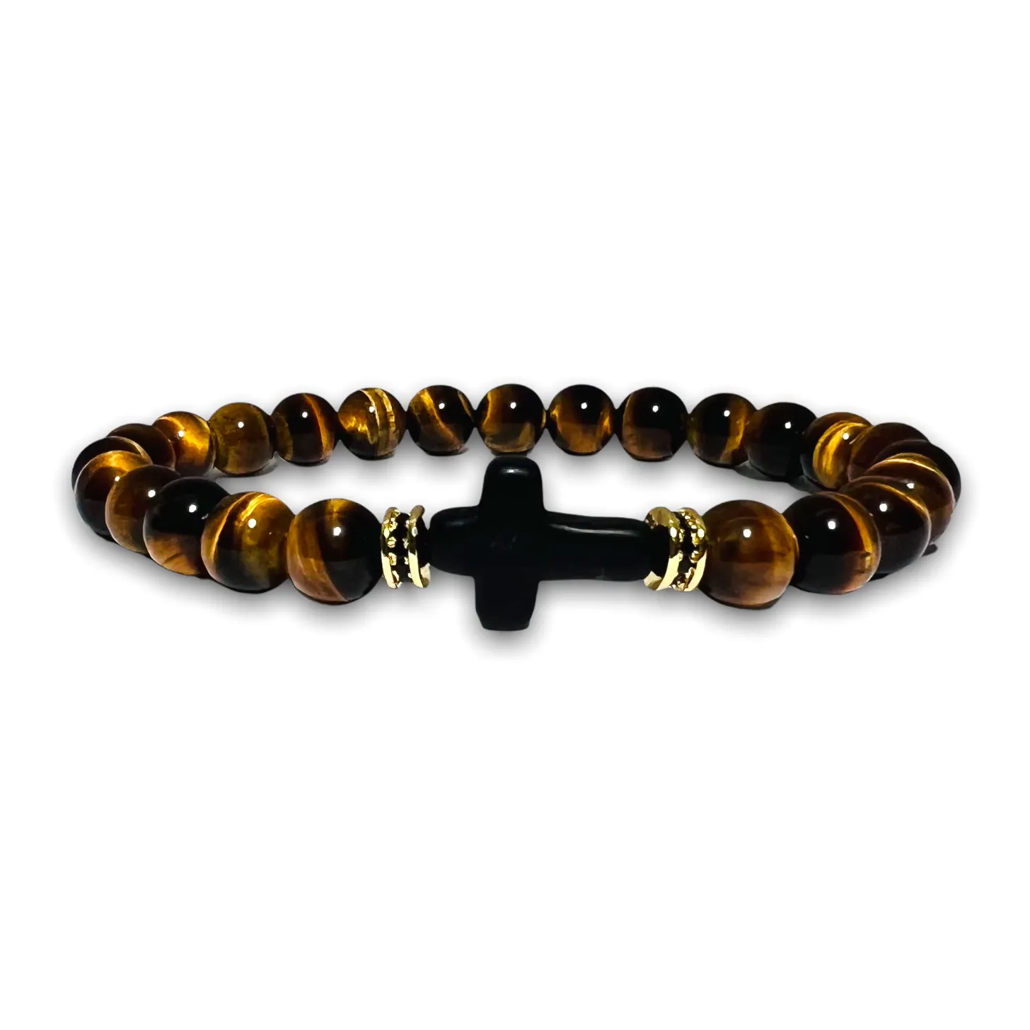 8mm Tigers Eye Stone Bracelet, with Black Cross