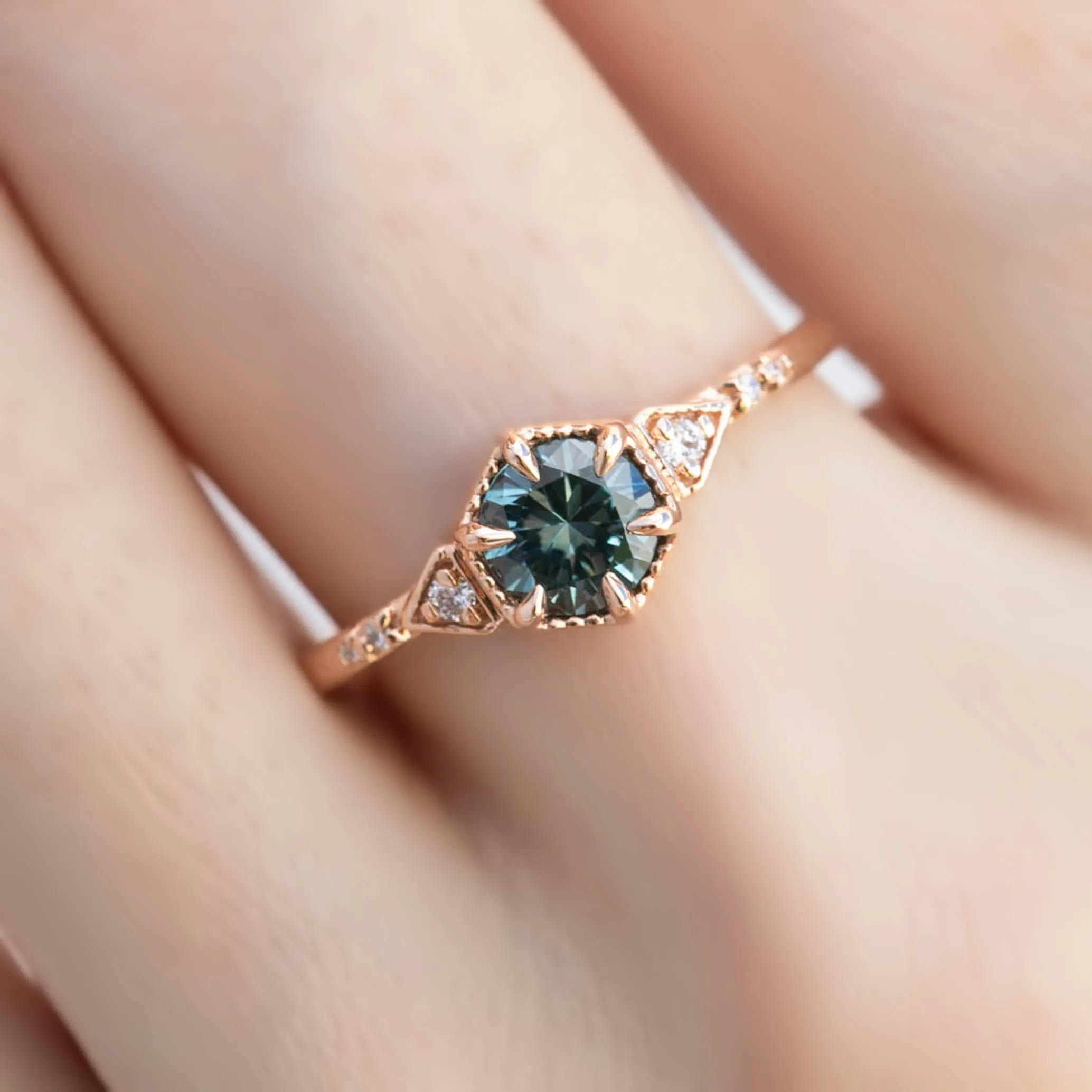 Agatha Ring 0.71ct Blue Green Montana Sapphire, 14K Rose Gold (One of a kind)