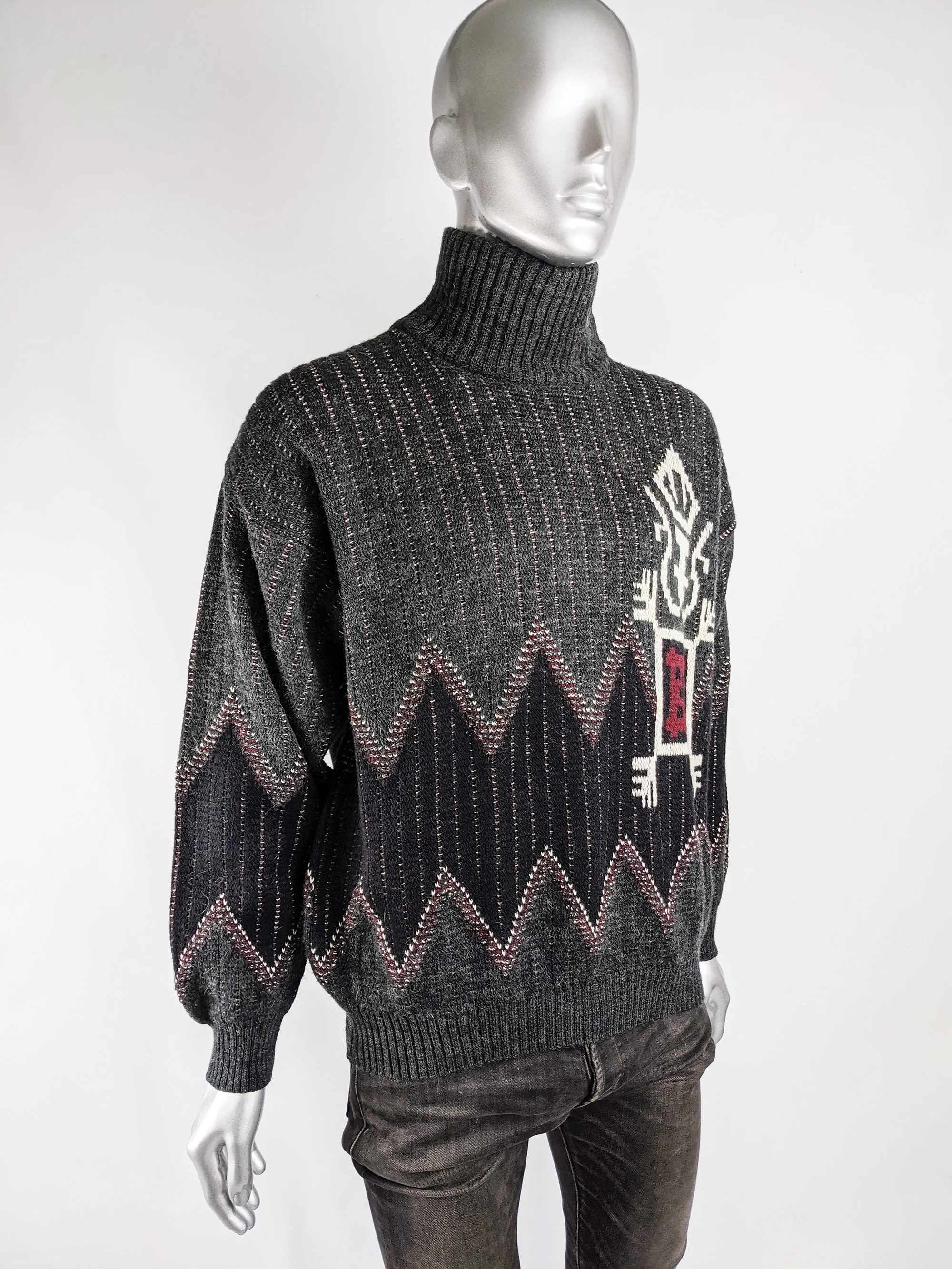 Aldani Vintage Mens Italian Grey Knit Turtleneck Jumper, 1980s