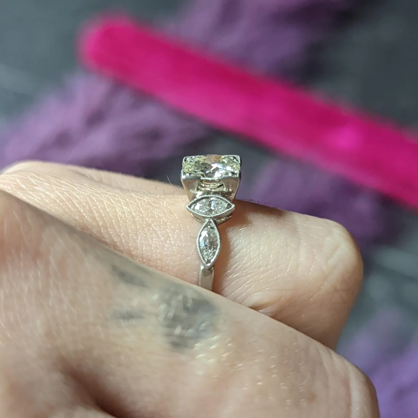 Art Deco 1.96 CTW Old European Diamond Platinum Marquise Shoulder Vintage Engagement Ring