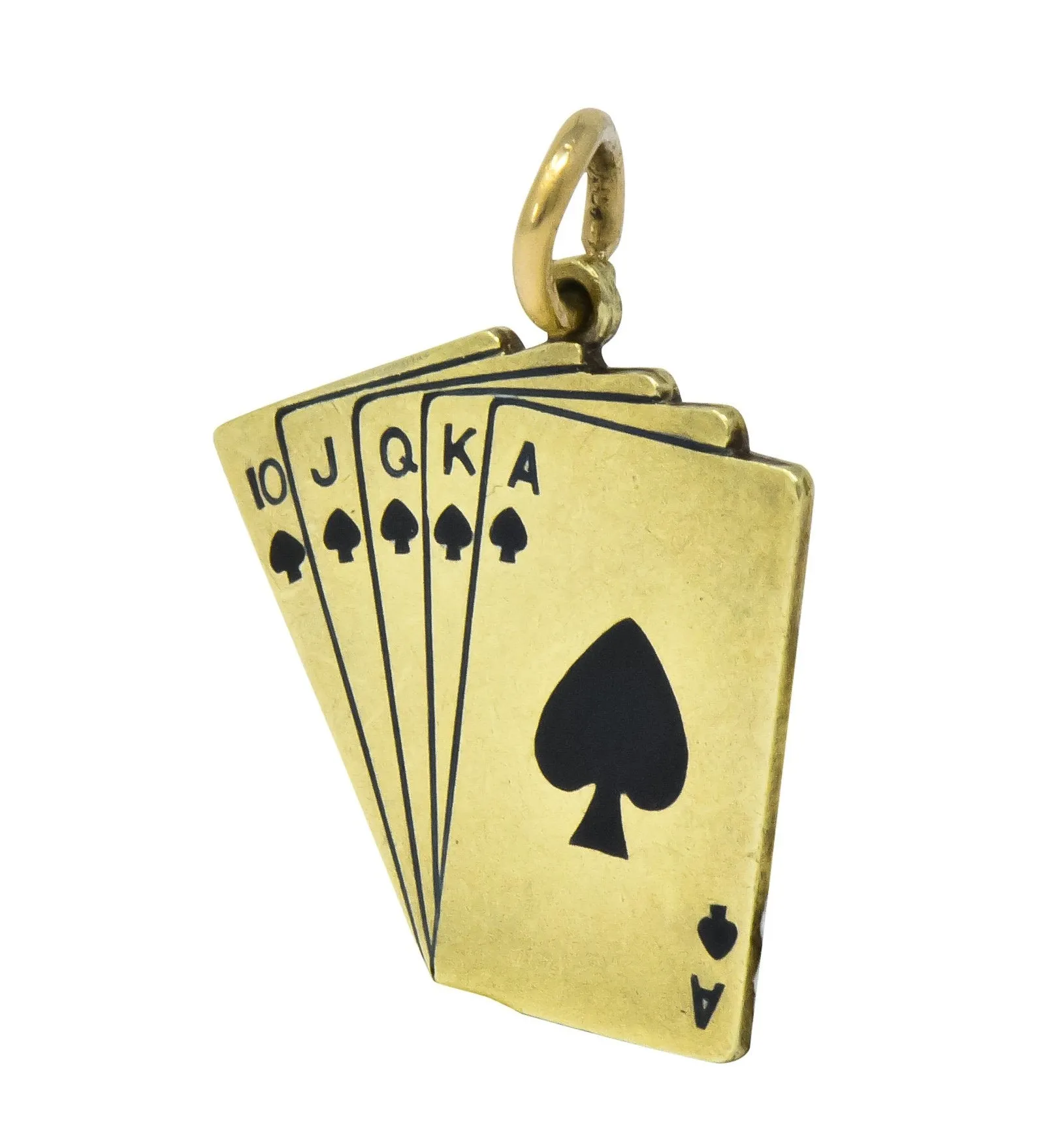 Art Deco Enamel 14 Karat Gold Playing Cards Charm in Spades