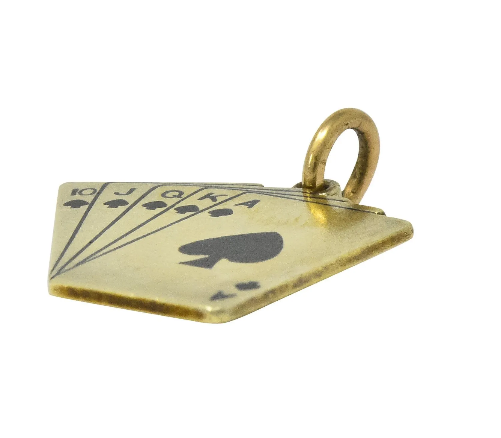 Art Deco Enamel 14 Karat Gold Playing Cards Charm in Spades