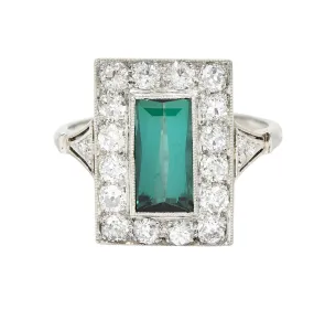 Art Deco Green Tourmaline 1.00 CTW Diamond Platinum Halo Cocktail Ring