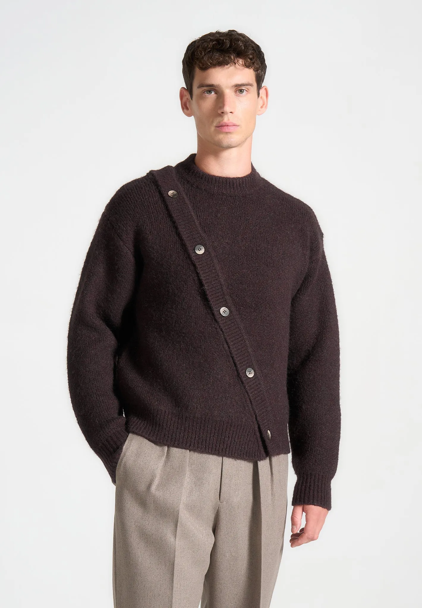 Asymmetric Brushed Wool Knit Jumper - Brown