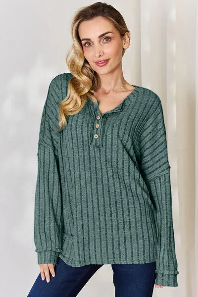 Basic Bae Full Size Ribbed Half Button Long Sleeve T-Shirt