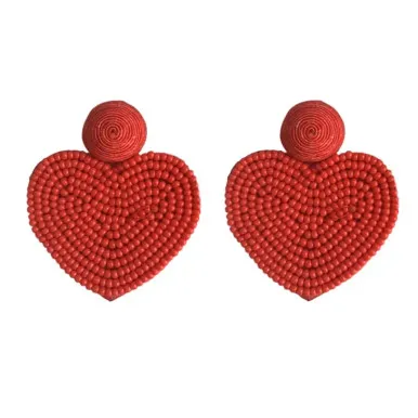 Beaded Heart Statement Earrings, Red