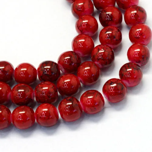 Beads, Glass, Opaque, Mottled, Red, Black, Round, 8.5-9mm