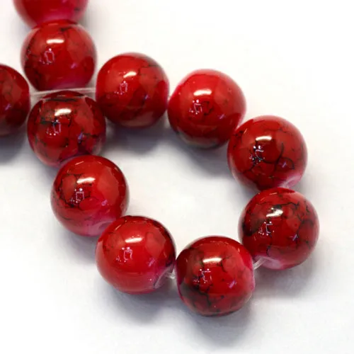 Beads, Glass, Opaque, Mottled, Red, Black, Round, 8.5-9mm