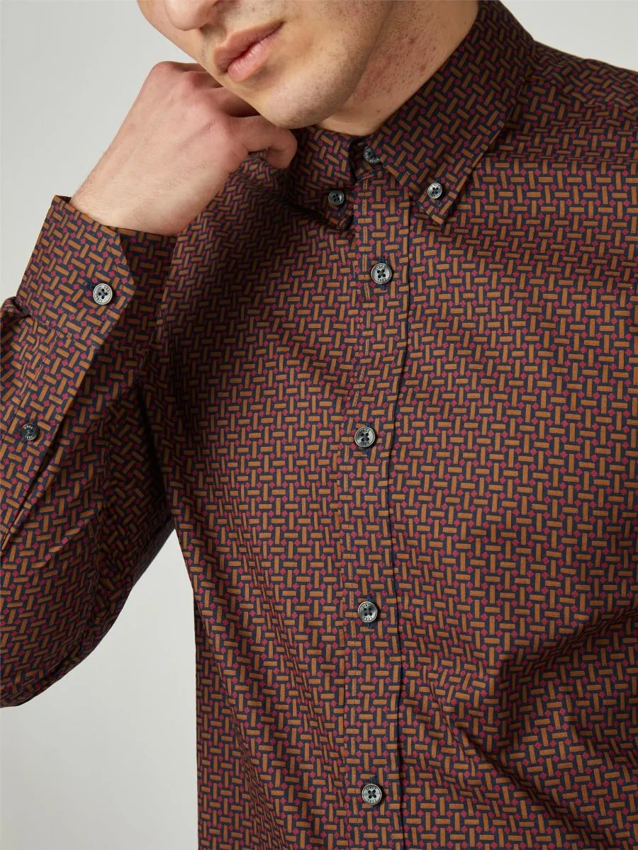 Ben Sherman Long Sleeve Split Spot Print Shirt Brown