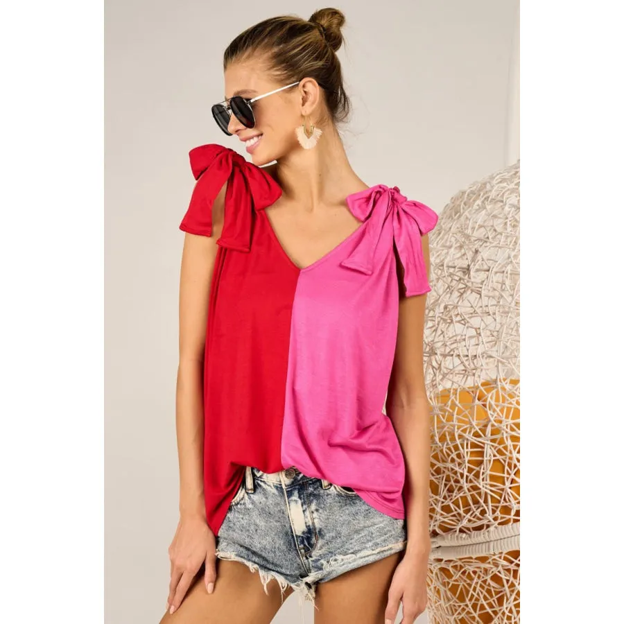 BiBi Shoulder Ribbon Tied Contrast Tank