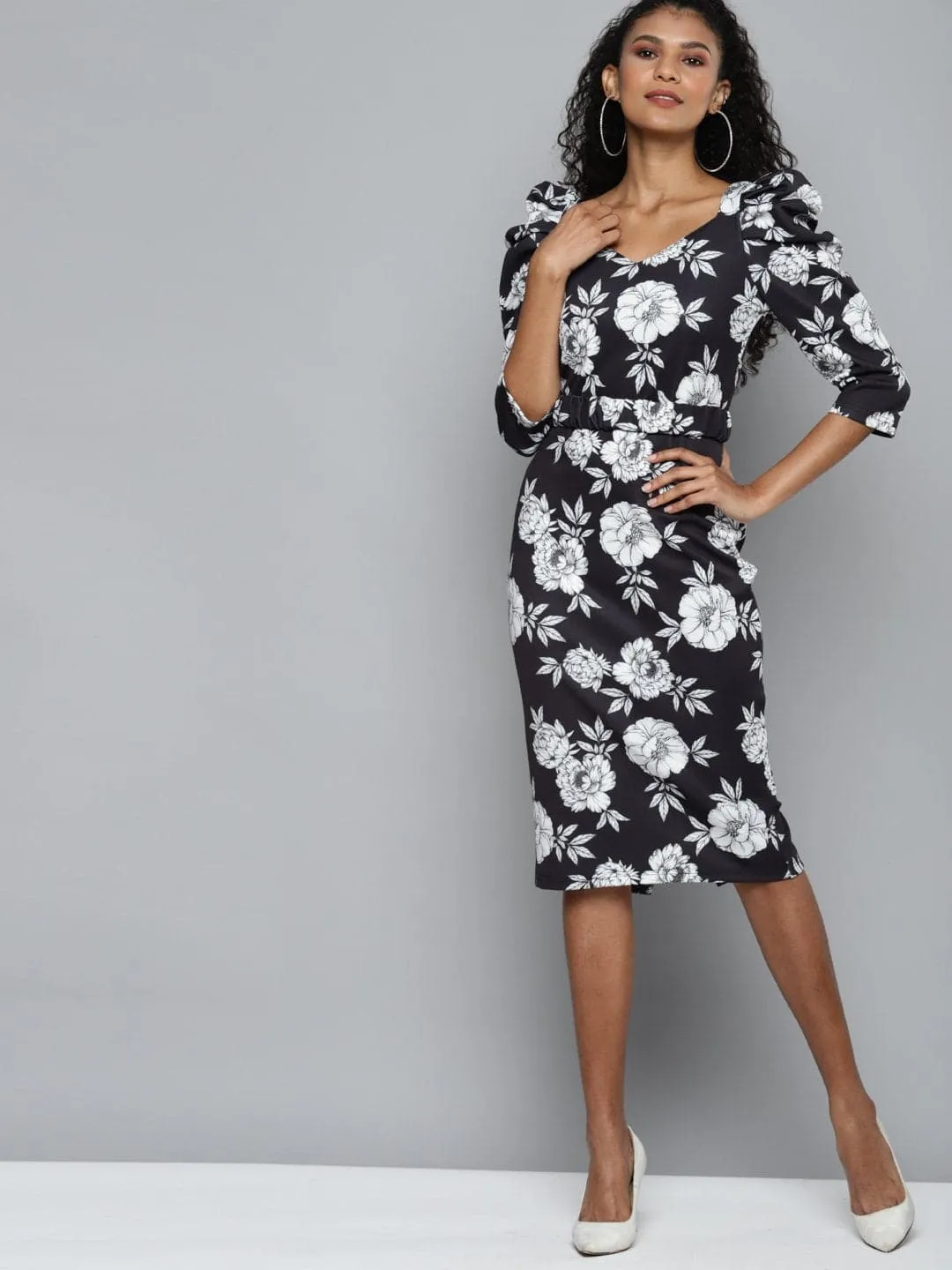 Black Floral Scuba Power Shoulder Midi Dress