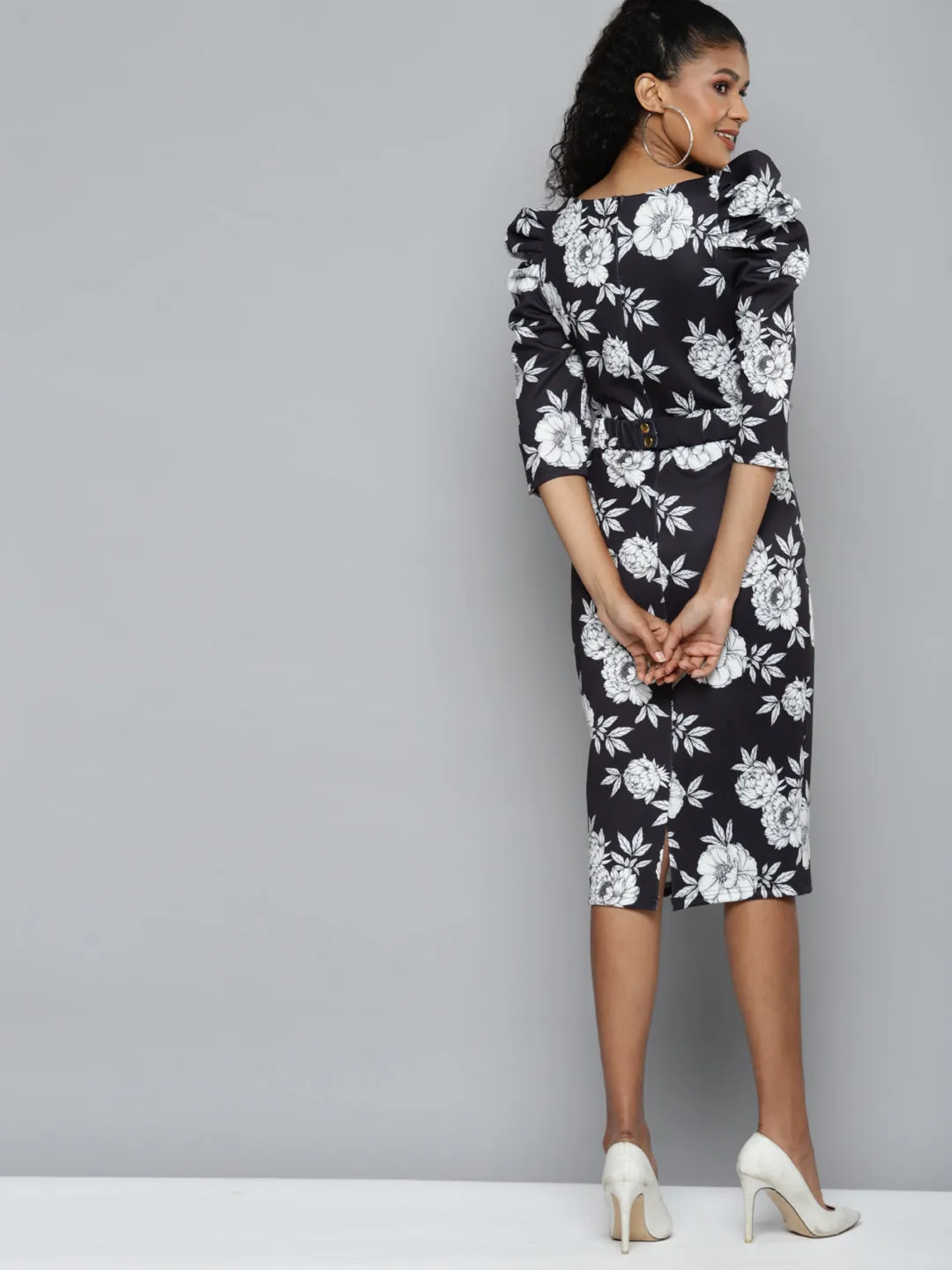 Black Floral Scuba Power Shoulder Midi Dress