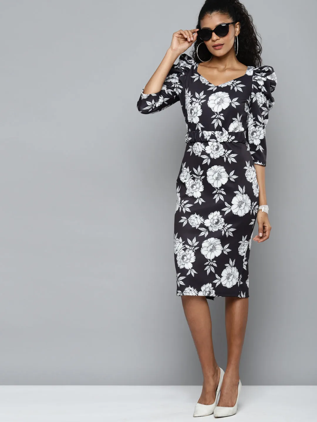 Black Floral Scuba Power Shoulder Midi Dress