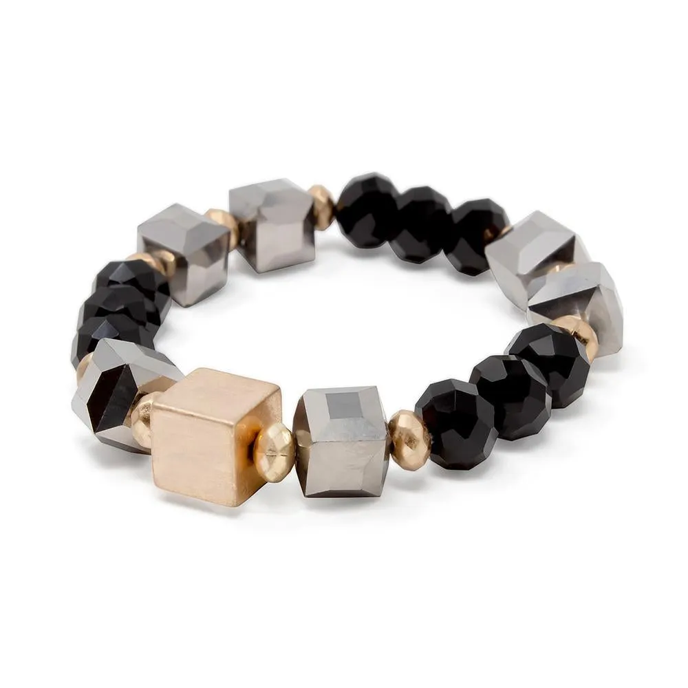 Black Glass Beaded Stretch Bracelet with Gold Tone Cube