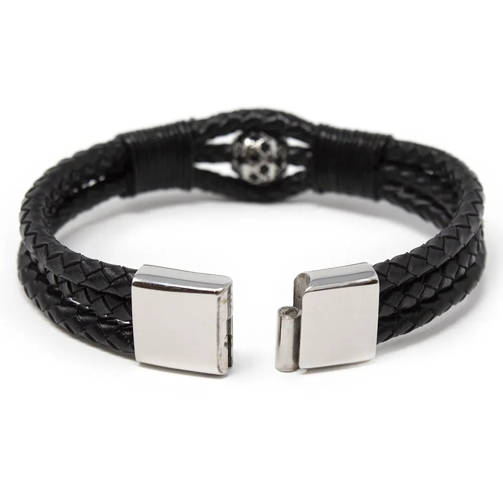 Black Leather Stainless Steel Black CubicZirconia Bead Bracelet