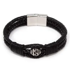 Black Leather Stainless Steel Black CubicZirconia Bead Bracelet