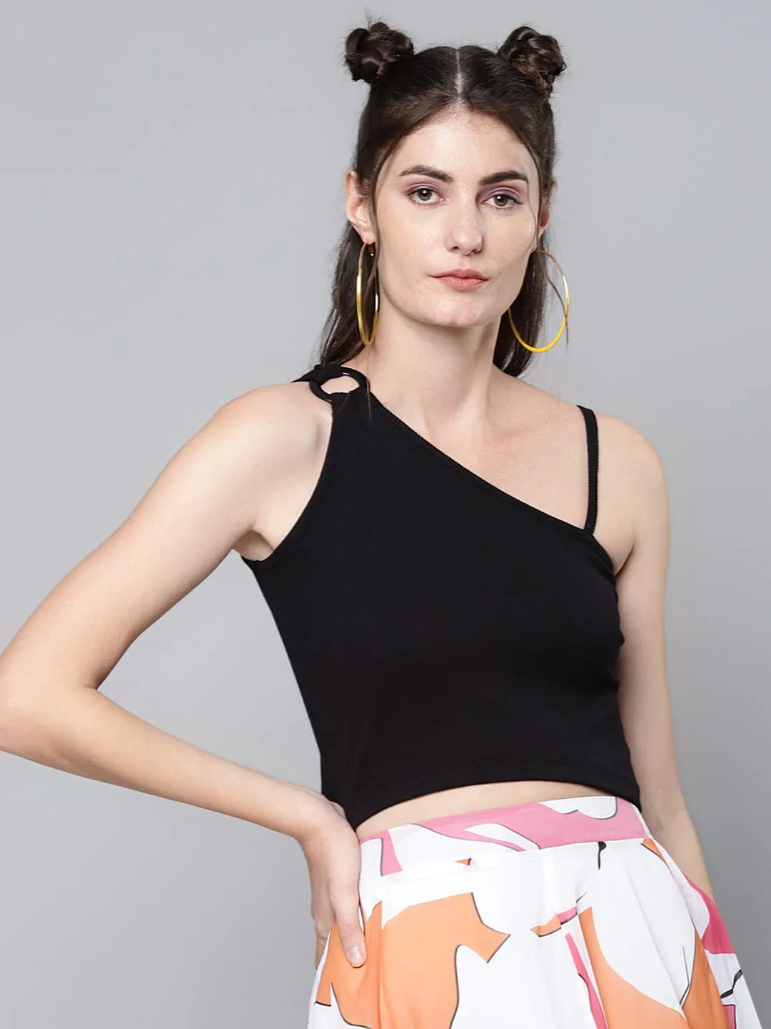 Black One Shoulder Ring Detail Strappy Rib Top