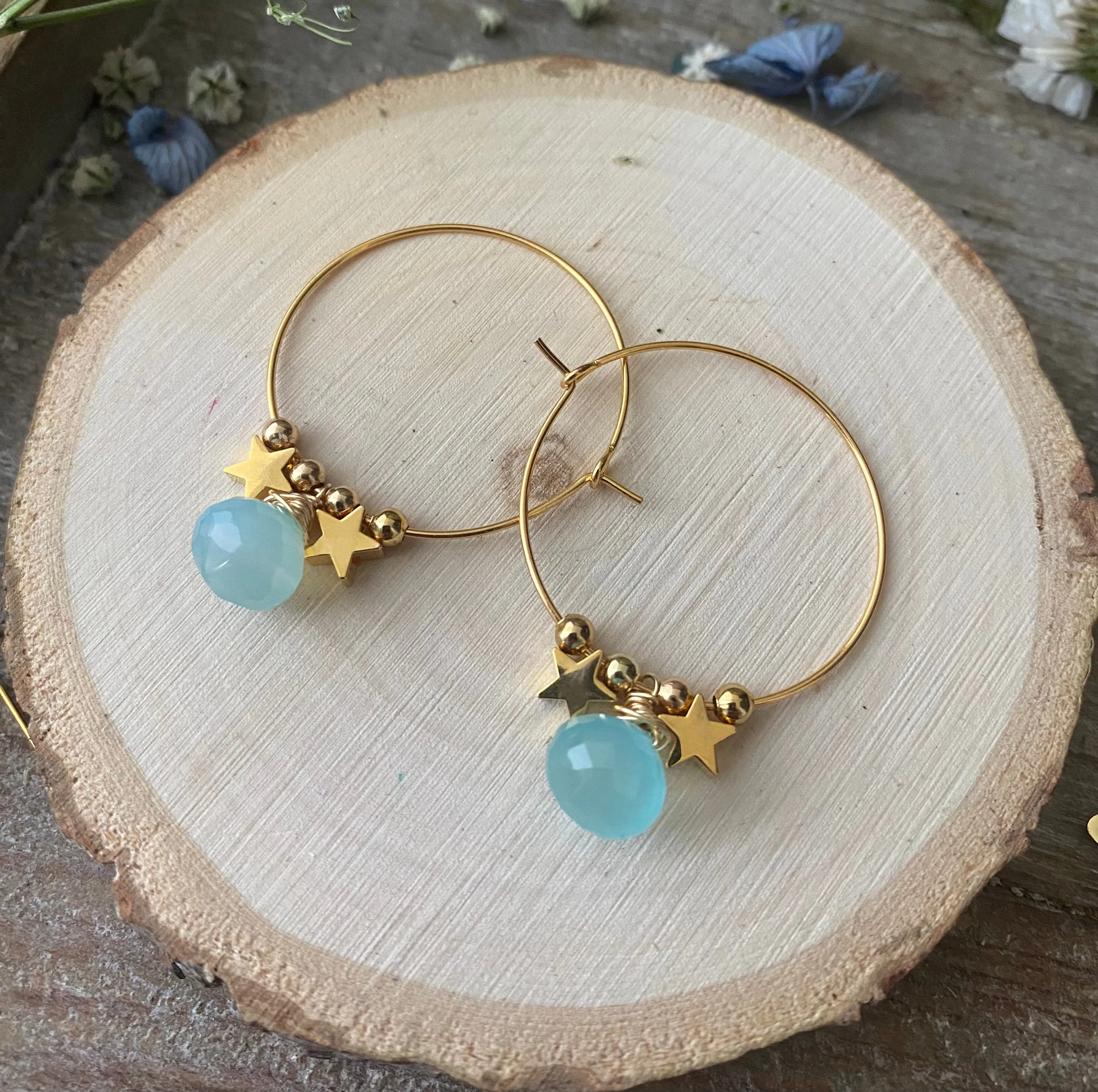 Blue chalcedony stone, gold hoop, stars, earrings.