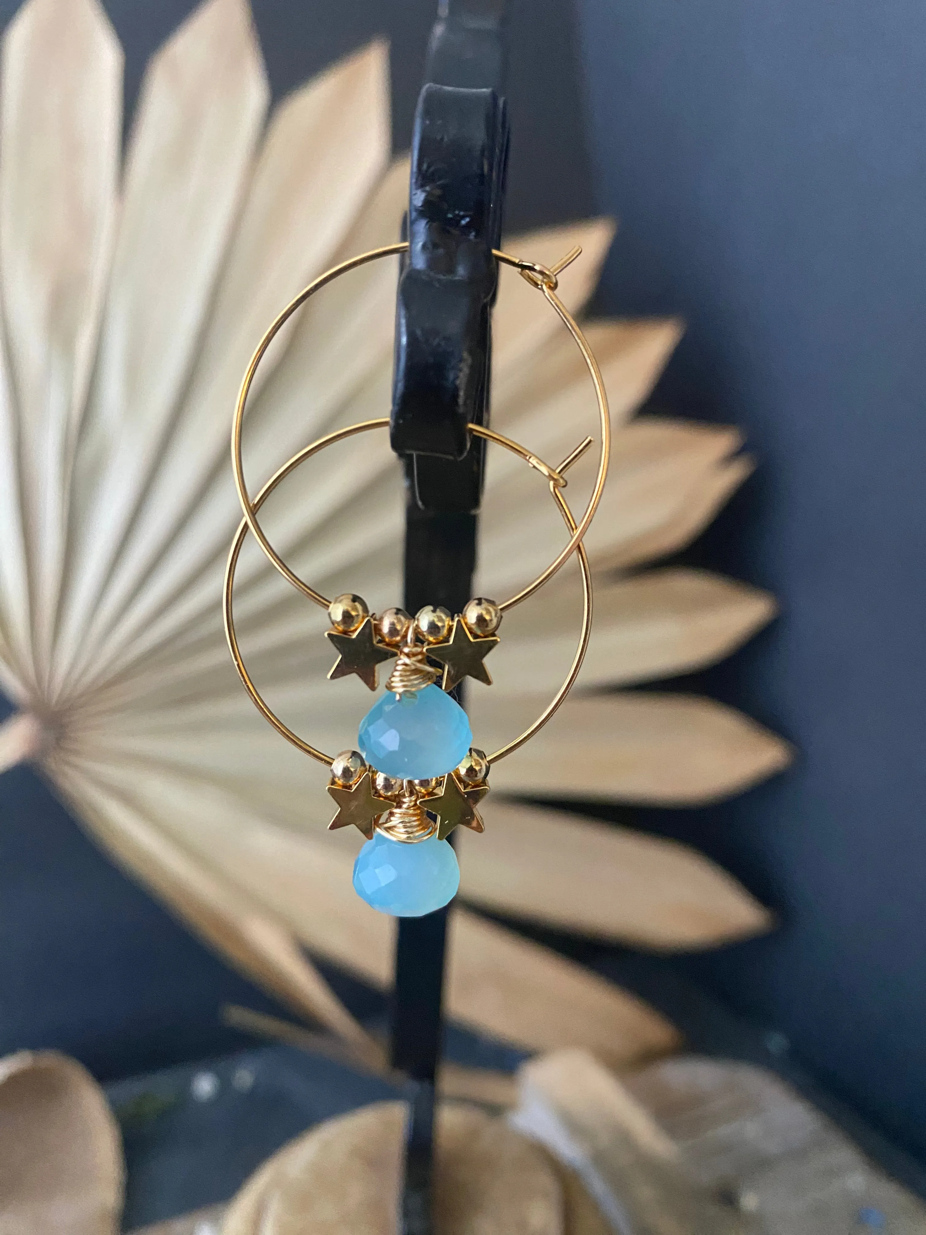 Blue chalcedony stone, gold hoop, stars, earrings.