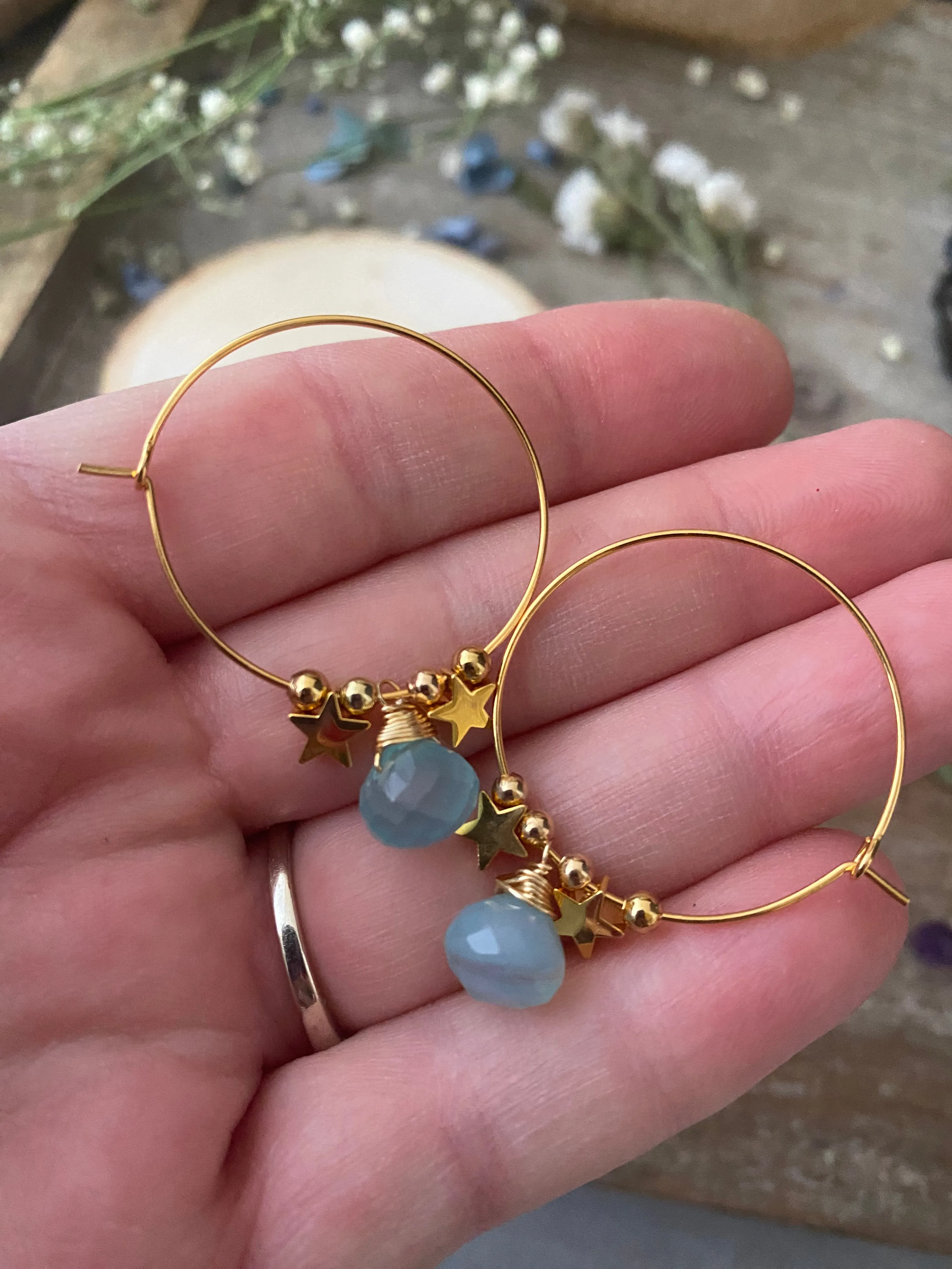 Blue chalcedony stone, gold hoop, stars, earrings.