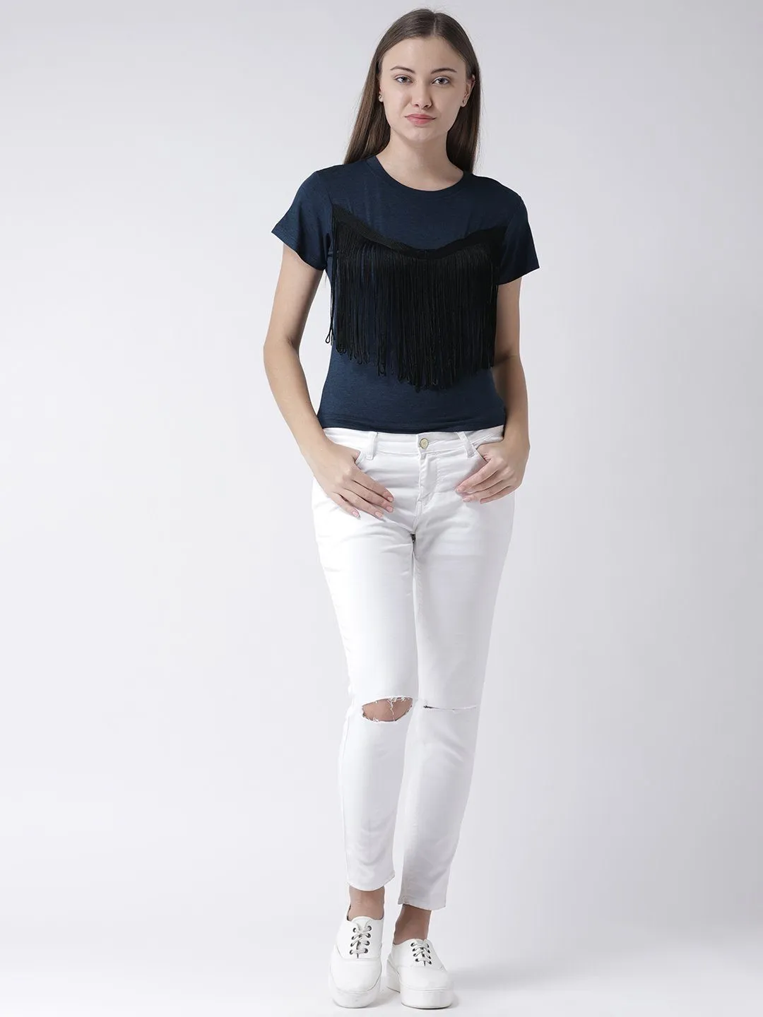 Blue Cropped Top with Fringed detail